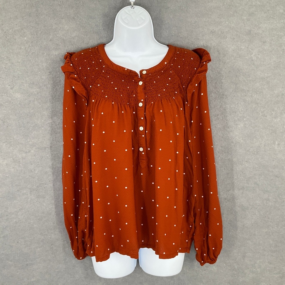 A.N.A. Top Petite Womens XL Rust Orange‎ White Polka Dot Bohemian Blouse